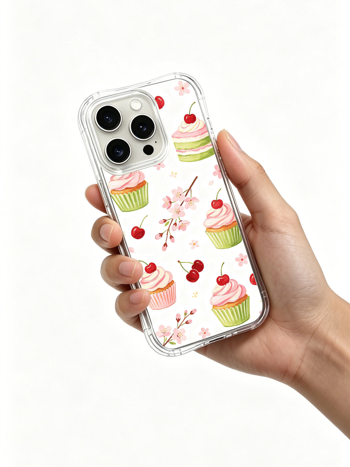 Cherry Blossom Birthday Picnic: Hand holding the case with its illustrated back facing outward.