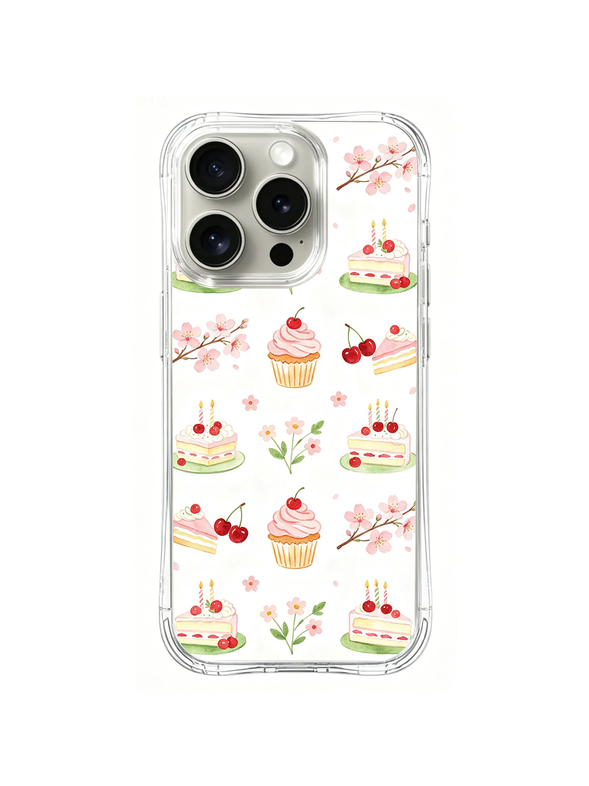 Cherry Blossom Birthday Picnic / Candle Cake Meadow: Small green-layered candle cakes repeated with cupcakes, cherries and tiny flower sprigs.