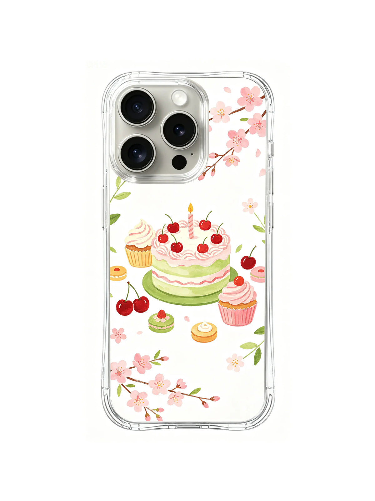 Cherry Blossom Birthday Picnic / Cherry Blossom Cake Garden: A large green-layered cherry cake with one candle, framed by flowering branches and small desserts.