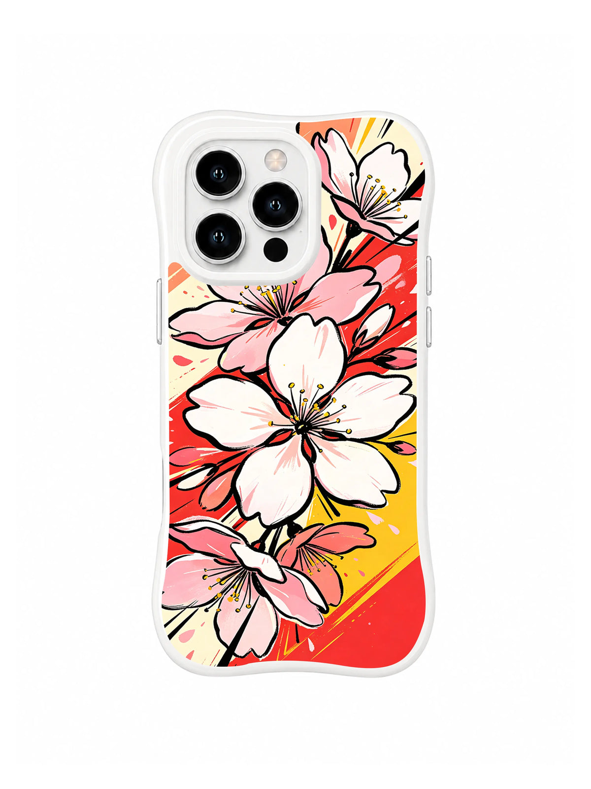 Sunburst Sakura Rush: Large white and blush cherry-like blossoms cross red, coral and yellow sunburst bands.