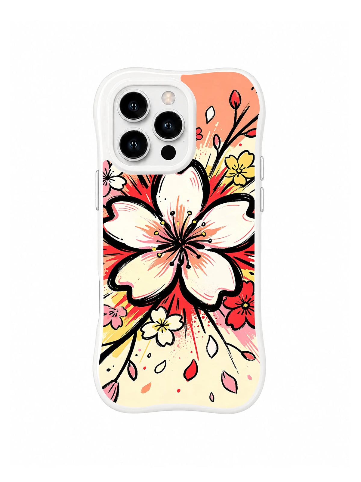 Radiant Center Bloom: One large white-and-pink blossom radiates over coral, cream and yellow accents.