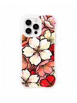 Cream Sakura Riot: A large cream cherry-like flower overlaps coral, red and white blossoms with black outlines.