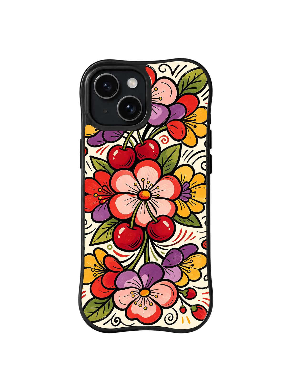 Sweet Cherry Petal Burst pattern iPhone 15 Plus case