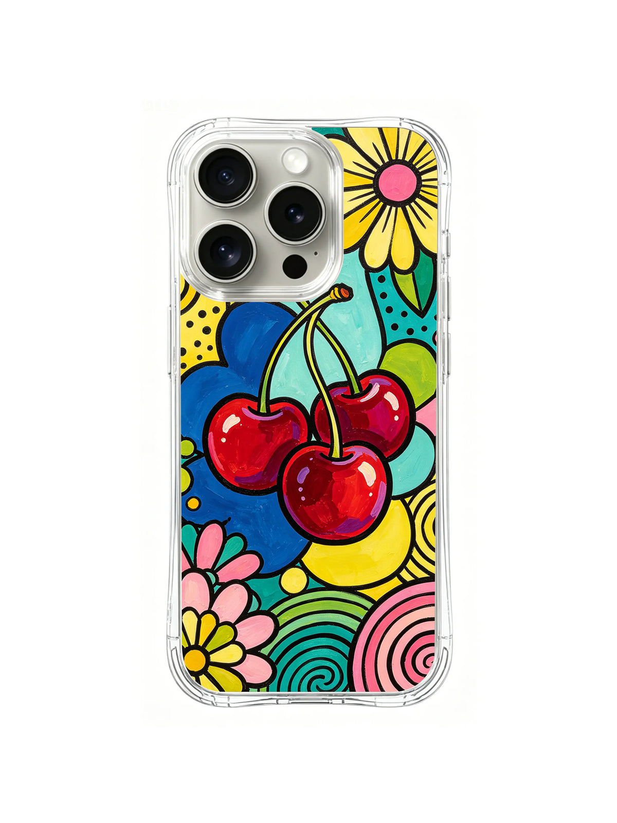 Cherry Flower Pop: Three red cherries sit among large flowers and circular color fields.