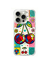 Mosaic Cherry Gems: Two faceted cherries hang over a patchwork of flowers, dots and spirals.