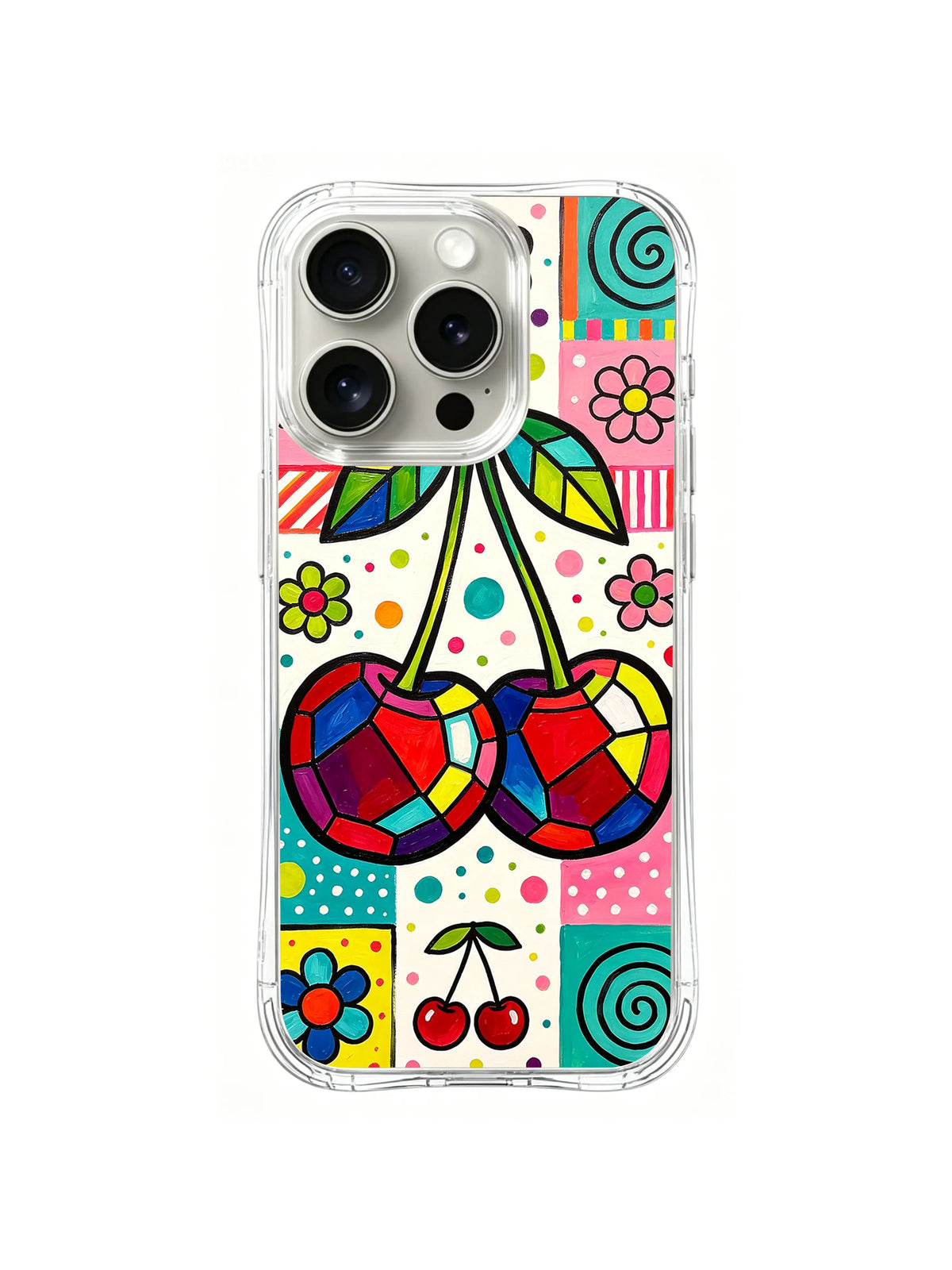 Mosaic Cherry Gems: Two faceted cherries hang over a patchwork of flowers, dots and spirals.