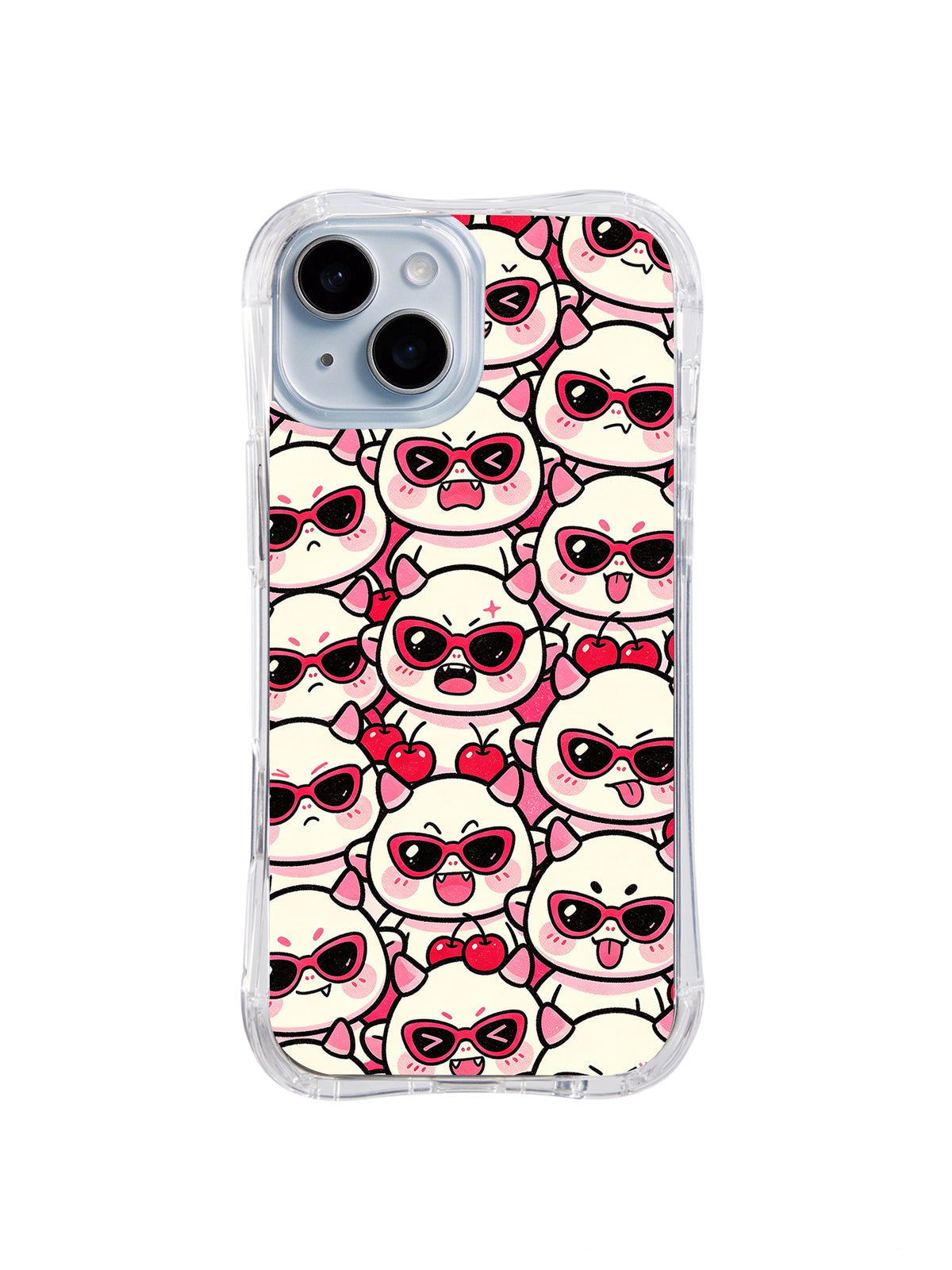 Cherry Cream Face Crowd: Kırmızı gözlüklü ve kiraz vurgulu krem çizgi yüzler açık zeminde üst üste gelir.