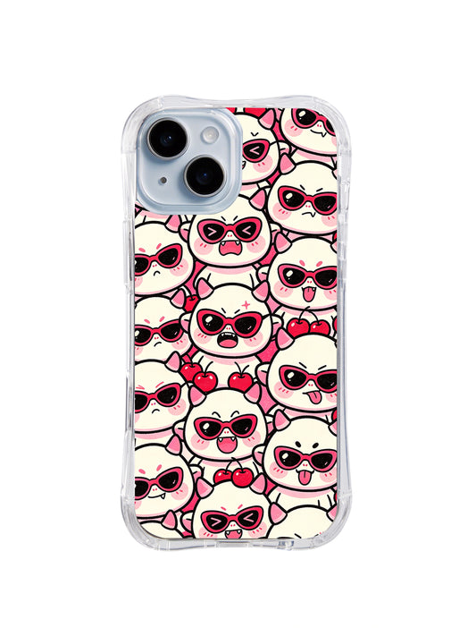 Cherry Cream Face Crowd: Cream cartoon faces with red sunglasses and cherry accents overlap on a light field.