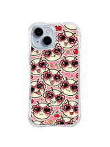 Heart Lens Cherry Doodles: Küçük krem yüzler kirazlar, kalpler ve yıldız patlamaları arasında kırmızı kalp biçimli gözlükler takar.