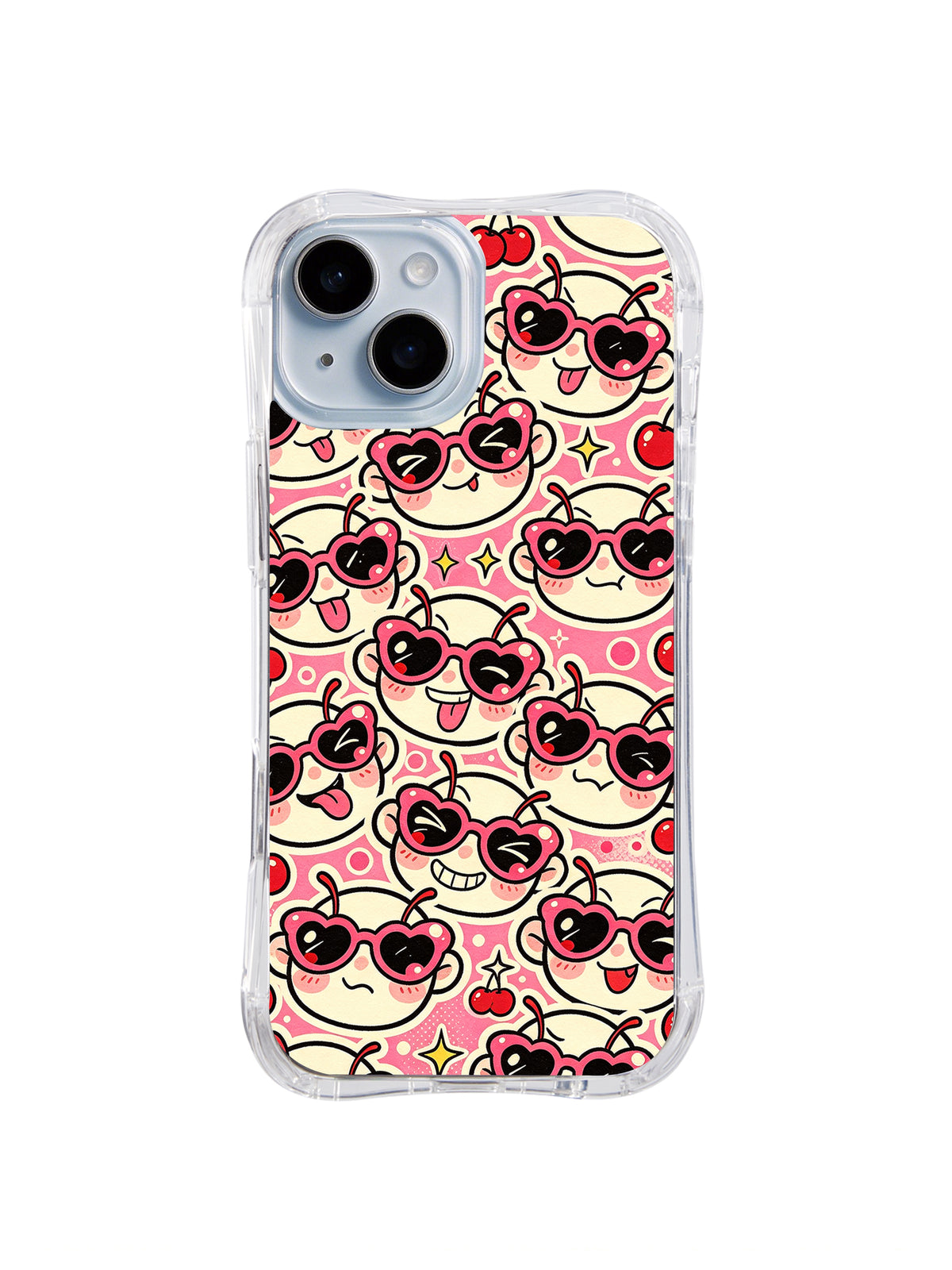 Heart Lens Cherry Doodles: Küçük krem yüzler kirazlar, kalpler ve yıldız patlamaları arasında kırmızı kalp biçimli gözlükler takar.