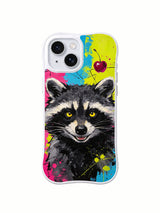 Colorful cherry raccoon art case shown on iPhone 15 Plus