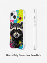 Slim side and front views of Cherry Raccoon Riot phone case
