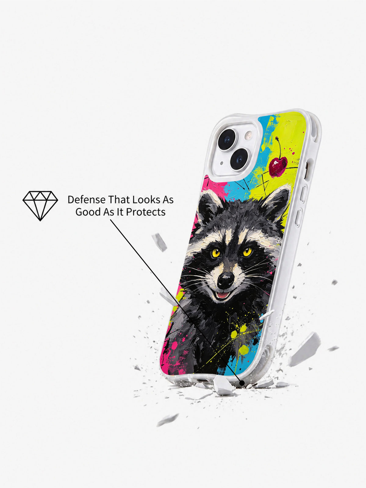 Angled impact scene featuring the neon raccoon artwork