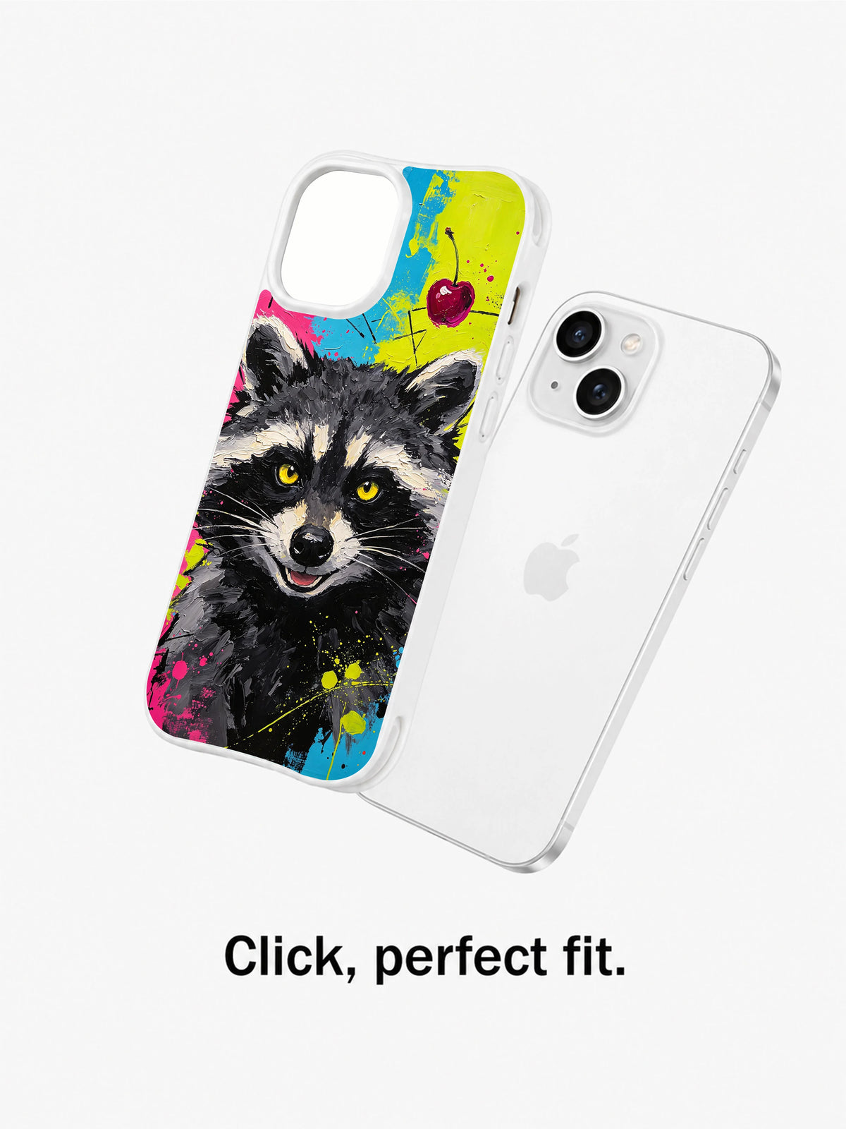 Front and clear back views of raccoon iPhone 15 Plus case