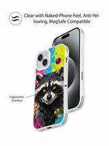 Angled view of colorful raccoon art on transparent-toned case