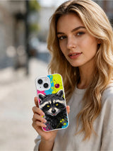 Lifestyle view of Cherry Raccoon Riot iPhone 15 Plus case
