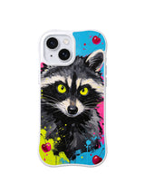 Cherry Raccoon Riot iPhone 15 Plus case in Cyan Cherry Trickster artwork