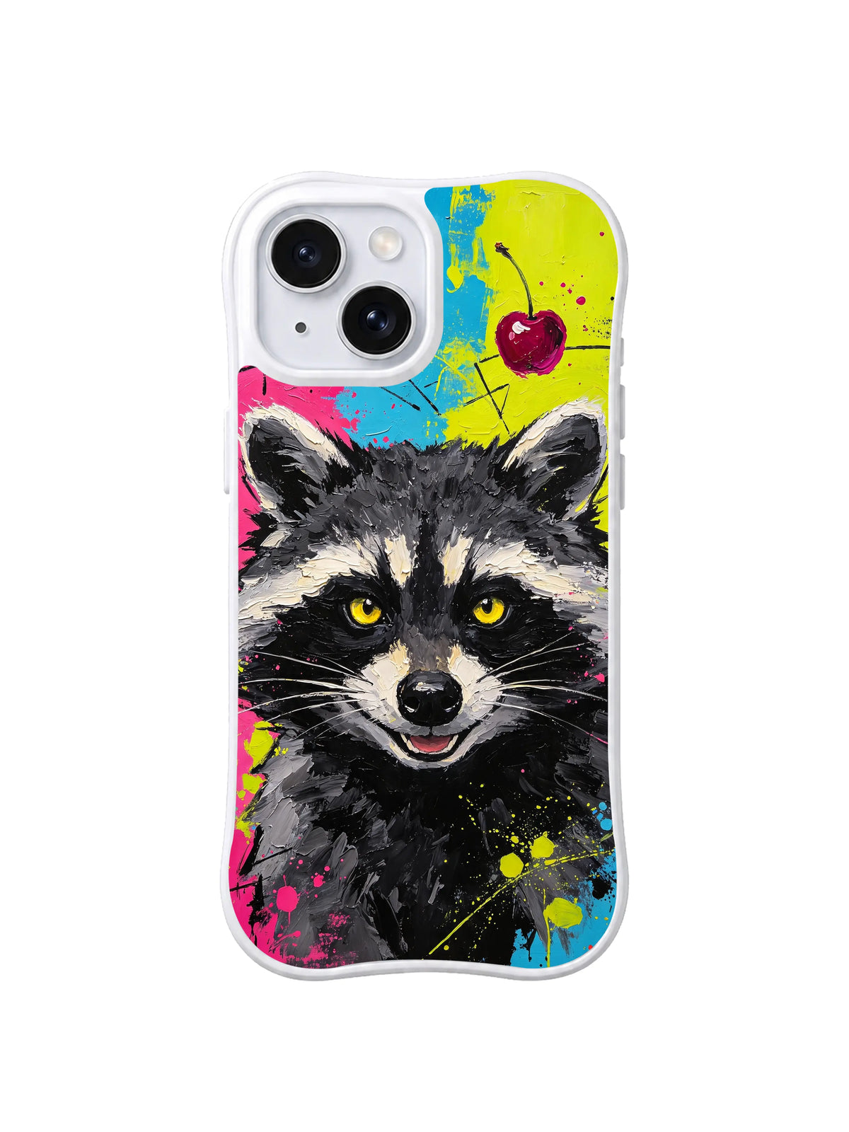 Cherry Raccoon Riot iPhone 15 Plus case in Lime Grin Spark artwork