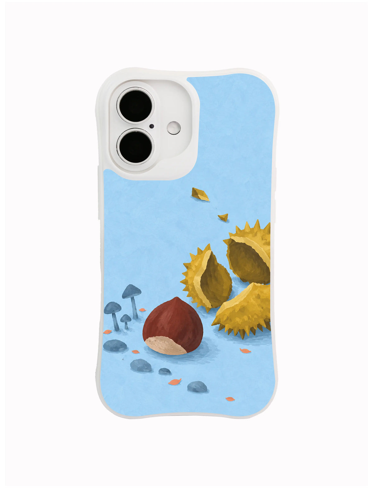 Icy blue chestnut phone case pattern with open husk, pebbles and small mushrooms