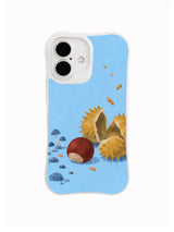 Cottagecore chestnut case pattern with slate-blue mushrooms and autumn husk