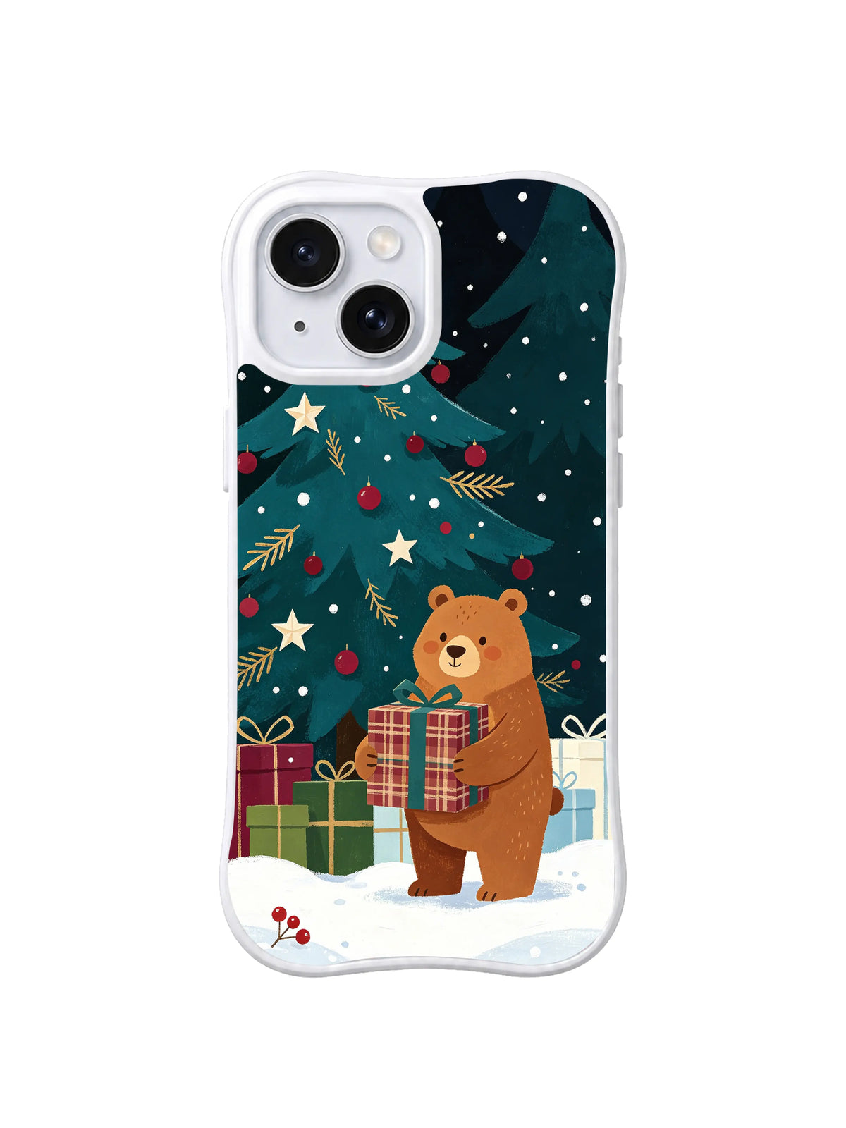 Plaid Gift Bear Christmas tree artwork on an iPhone 14 case
