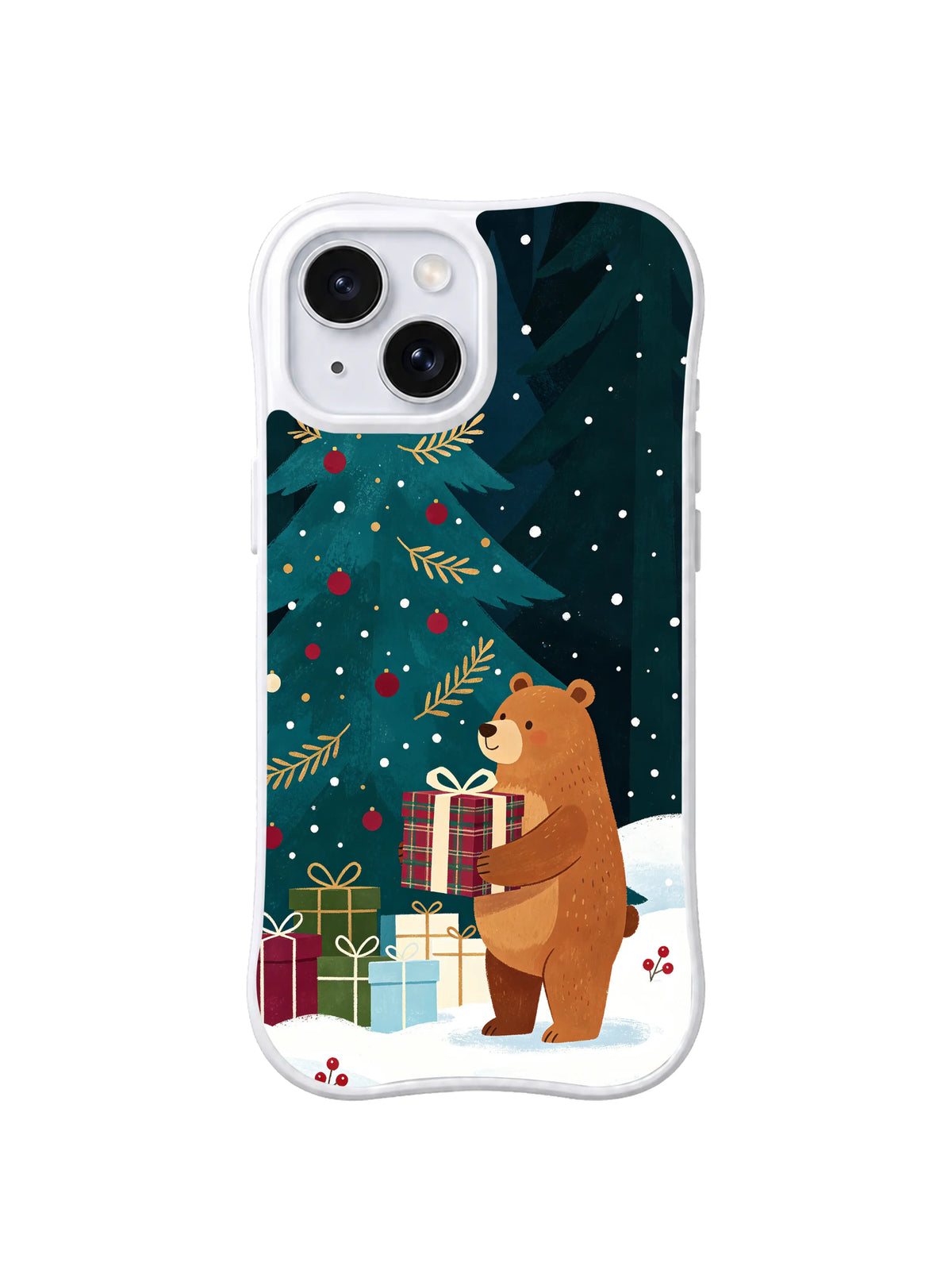 Midnight Gift Tree bear winter artwork on an iPhone 14 case