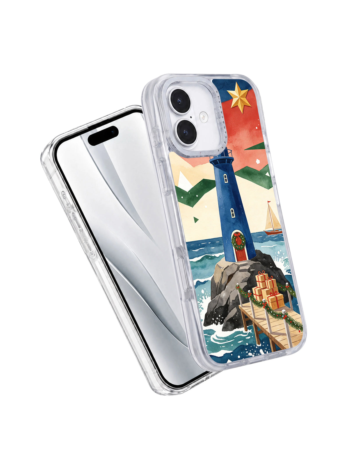 Angled front and back view of the Christmas at the Blue Lighthouse iPhone 17 case