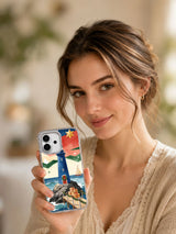 Lifestyle view of the Christmas at the Blue Lighthouse iPhone 17 case