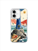 Blue lighthouse under a cream sky with a returning sailboat and gifts on an iPhone 17 case