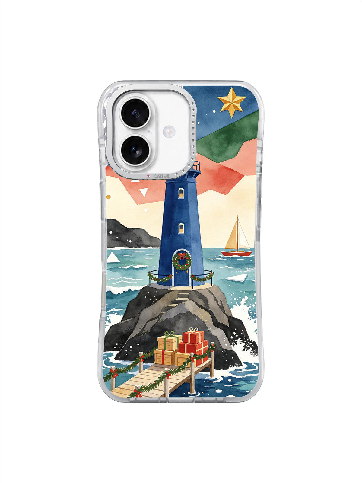 Blue lighthouse with layered green hills and a garland-trimmed gift pier on an iPhone 17 case