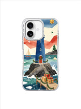 Blue coastal lighthouse above stacked holiday gift crates and waves on an iPhone 17 case