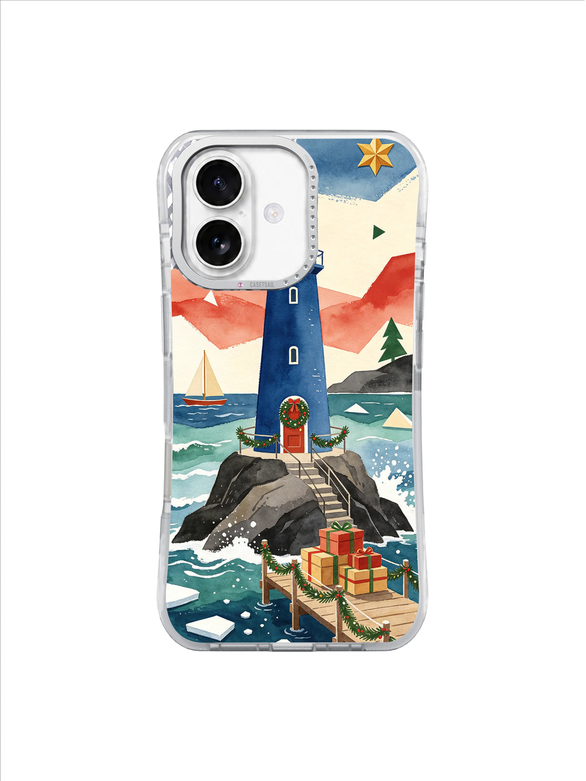 Blue coastal lighthouse above stacked holiday gift crates and waves on an iPhone 17 case