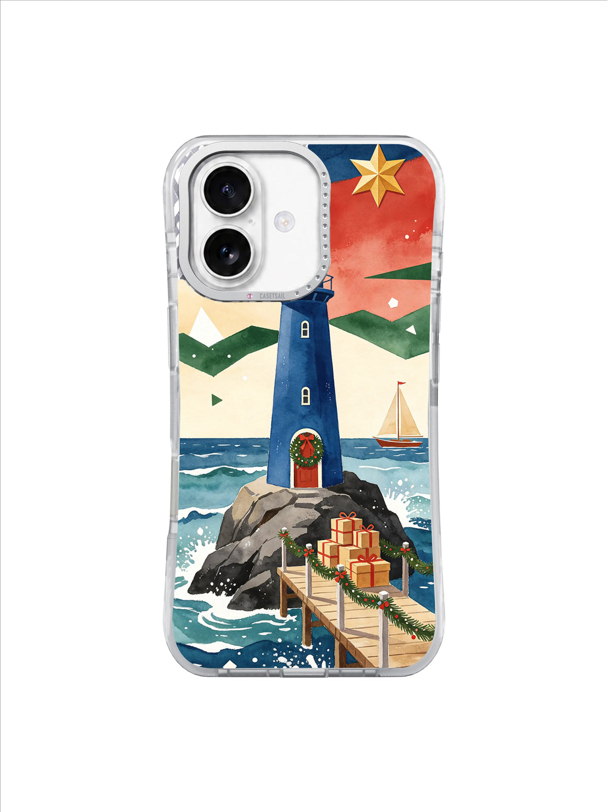 Cobalt Christmas lighthouse beneath a golden star with a sailboat and gifts on an iPhone 17 case