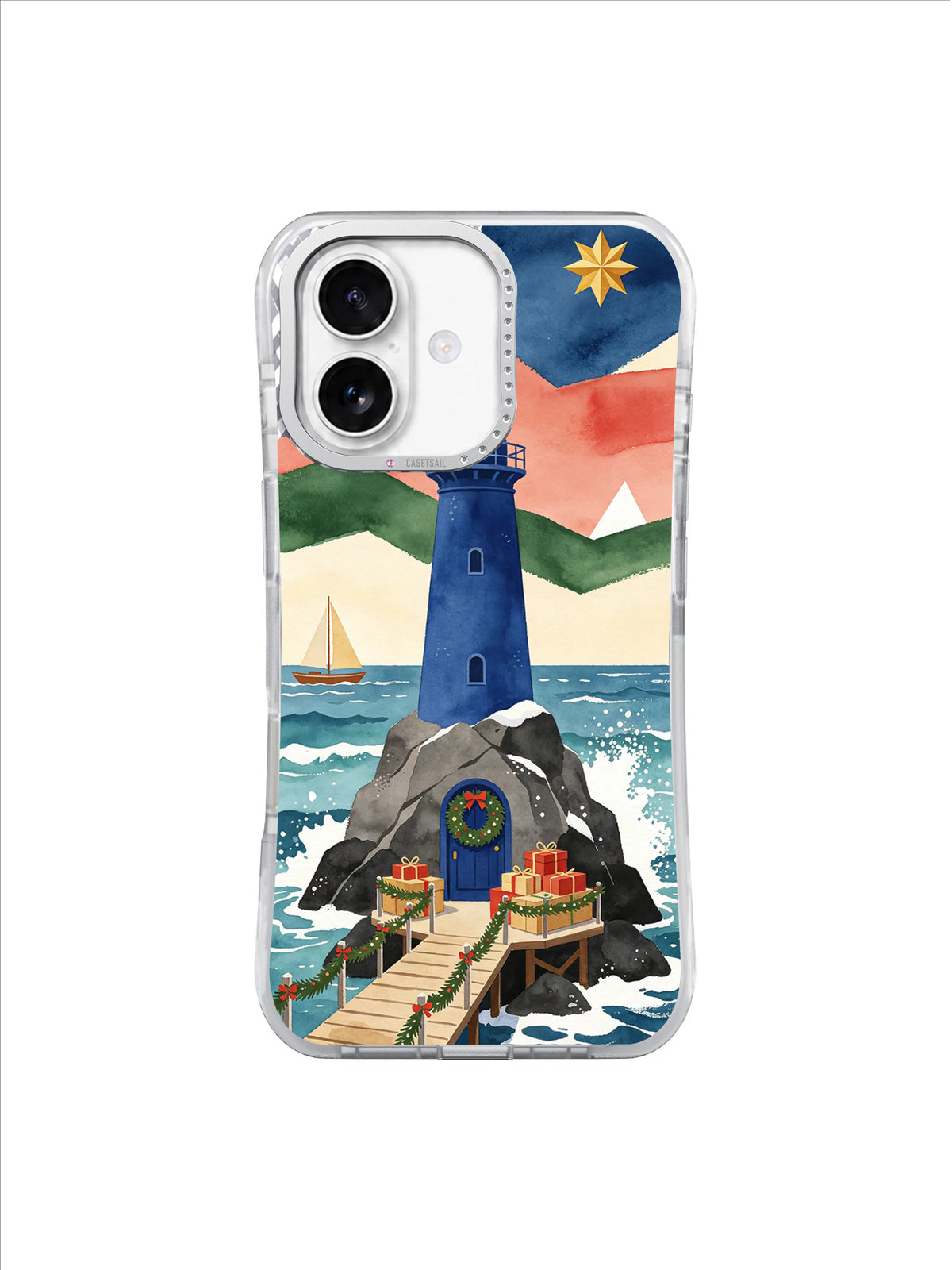 Blue lighthouse with a wreath door, rocky island, sailboat, and dark coastal sky on an iPhone 17 case
