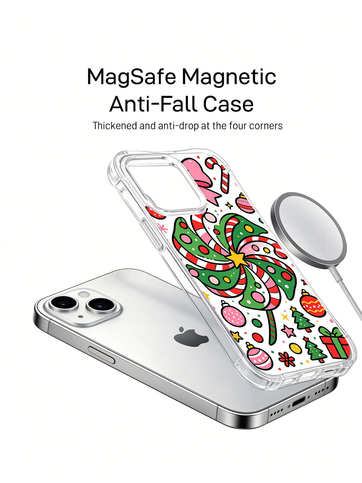 Christmas Bow and Candy Dream: A phone, separate illustrated case and round accessory in a product render.