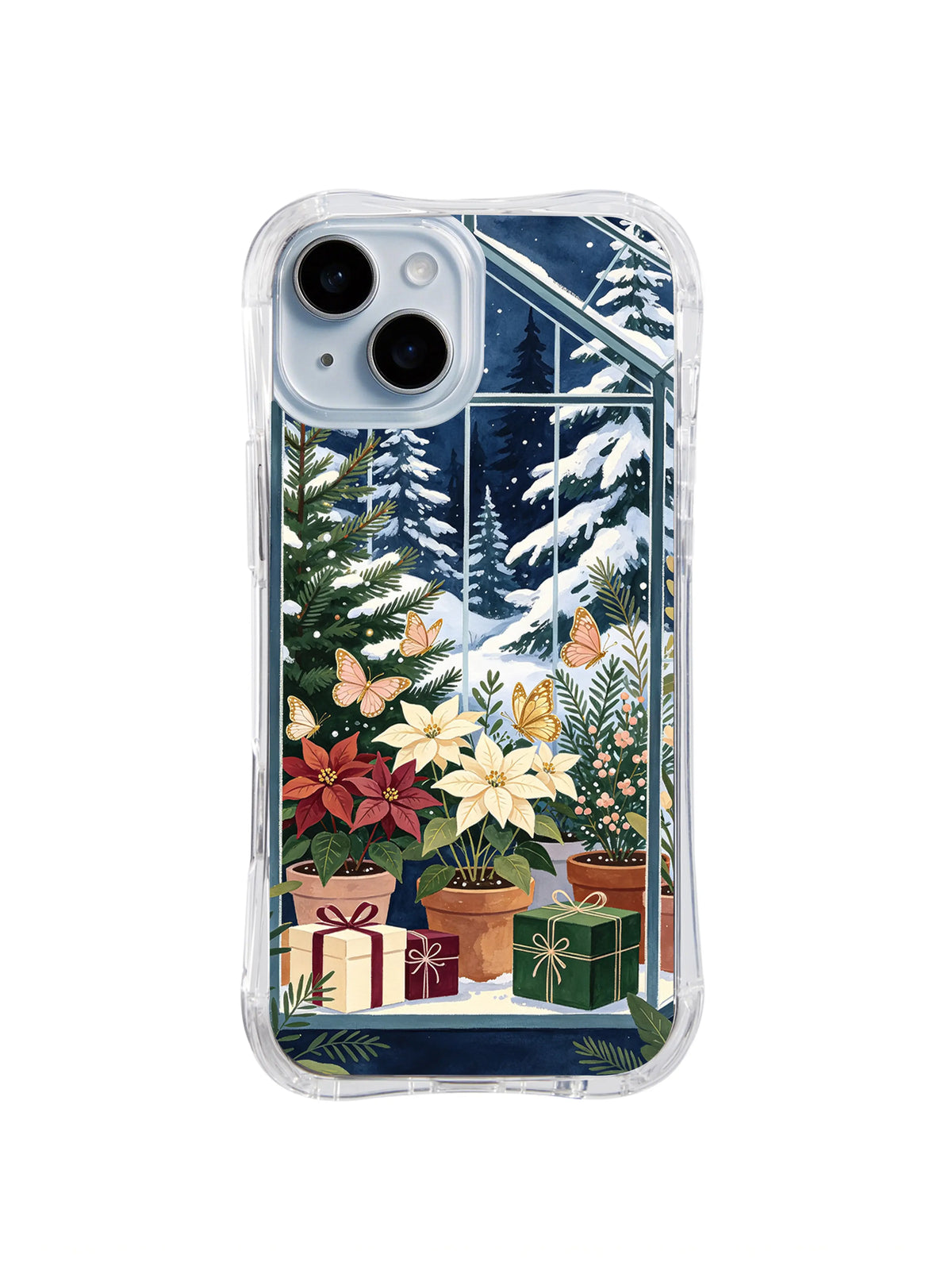 Blush butterflies, poinsettias and gifts in a snowy greenhouse iPhone 14 case, pattern one