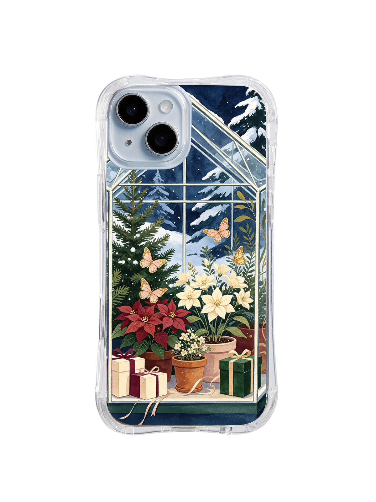 Winter greenhouse with cream flowers and pink-gold butterflies iPhone 14 case, pattern two