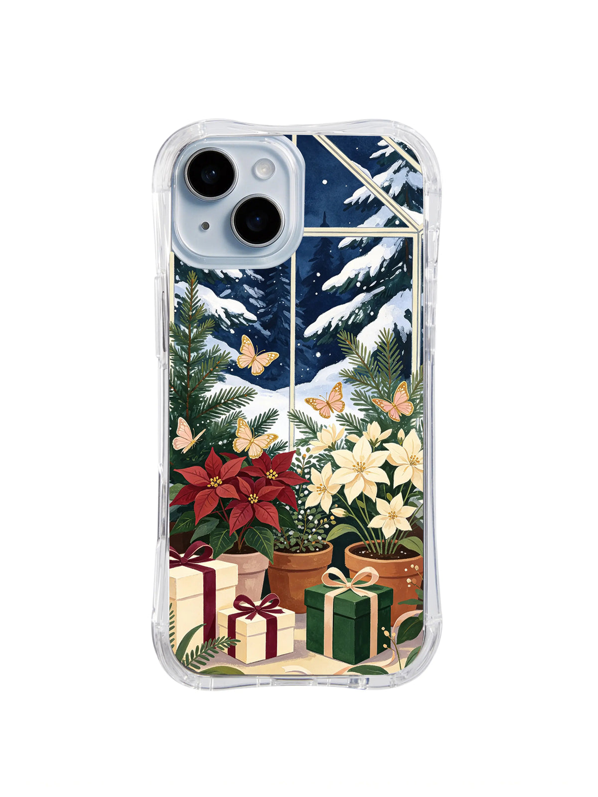 Snowy glasshouse garden with butterflies and green presents iPhone 14 case, pattern five