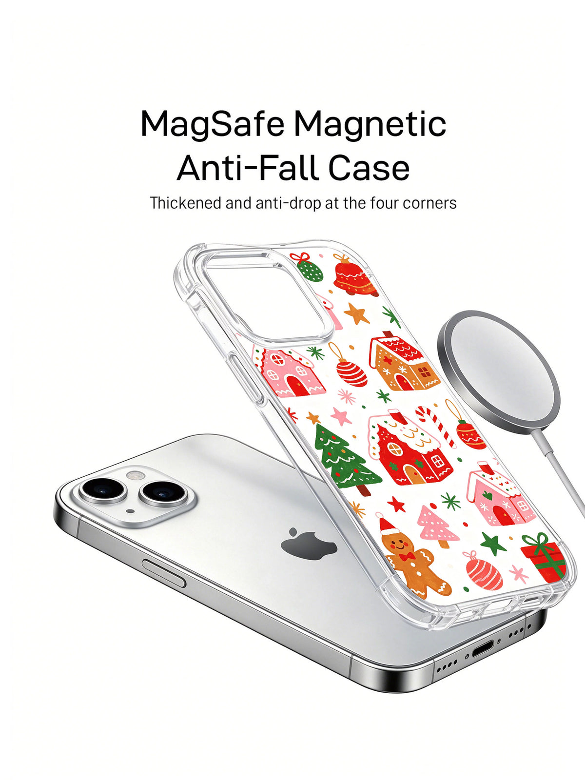 Christmas Candy Village: A phone, separate illustrated case and round accessory in a product render.