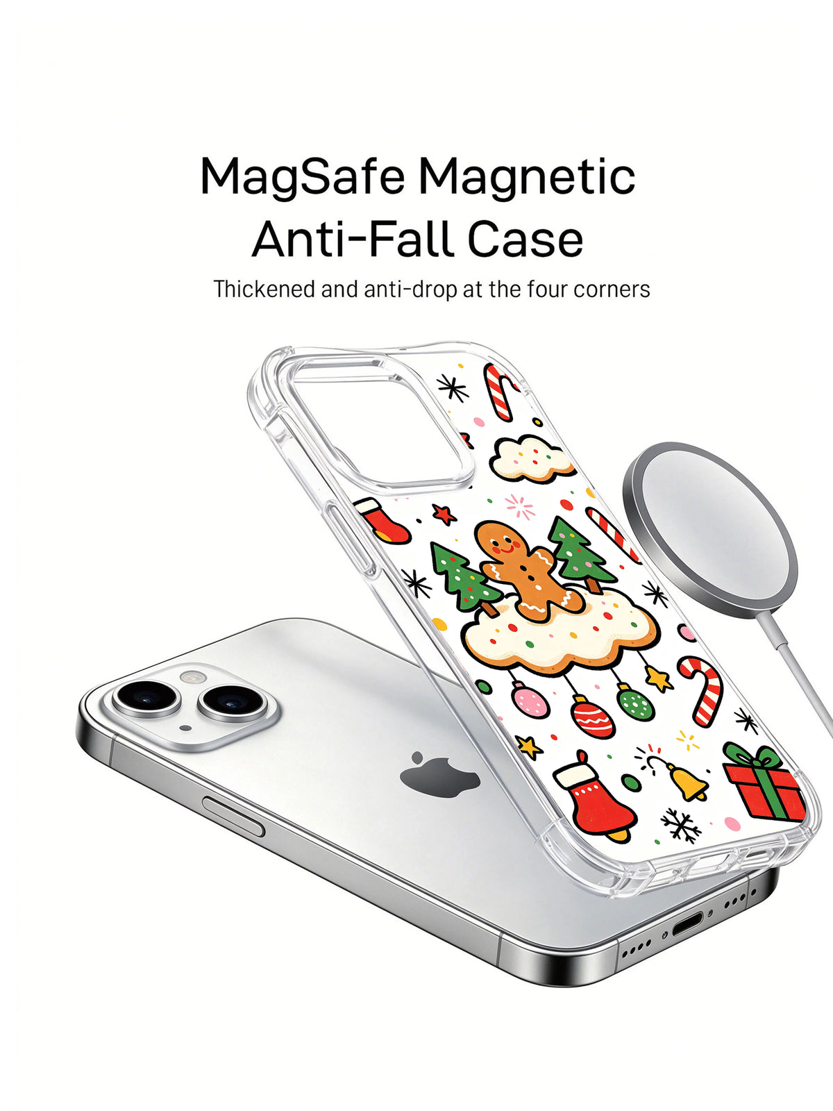 Christmas Cookie Wonderland: A phone, separate illustrated case and round accessory in a product render.