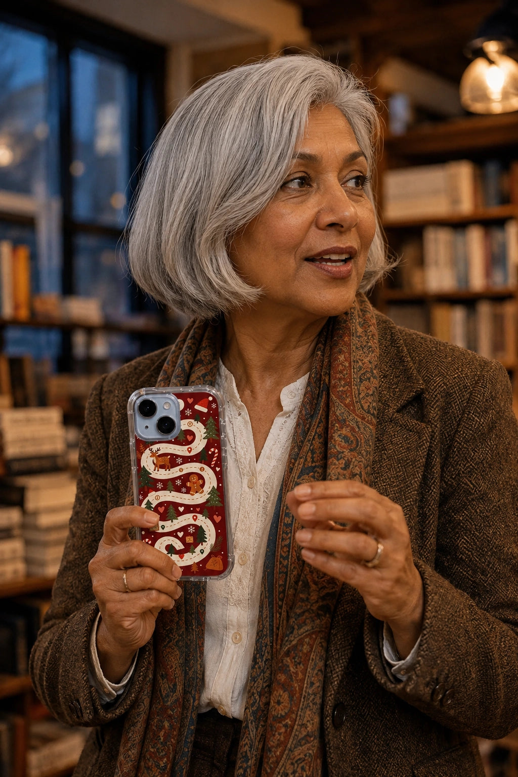 Adult woman in a warm bookstore holding the Christmas Forest Treasure Map iPhone 14 Plus case with Forest Quest Trail artwork