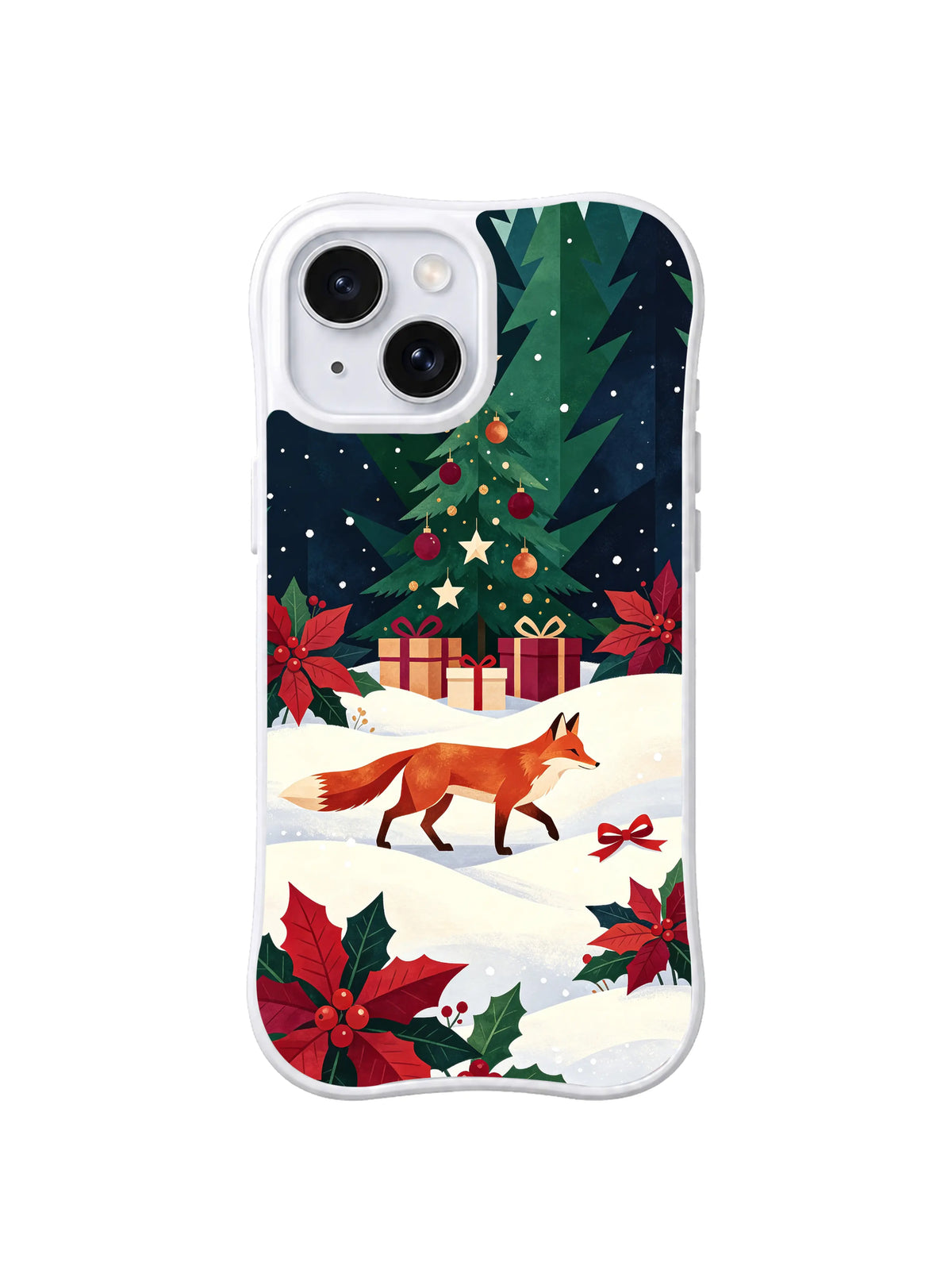 Holly Snow Trail copper fox Christmas artwork on an iPhone 14 case