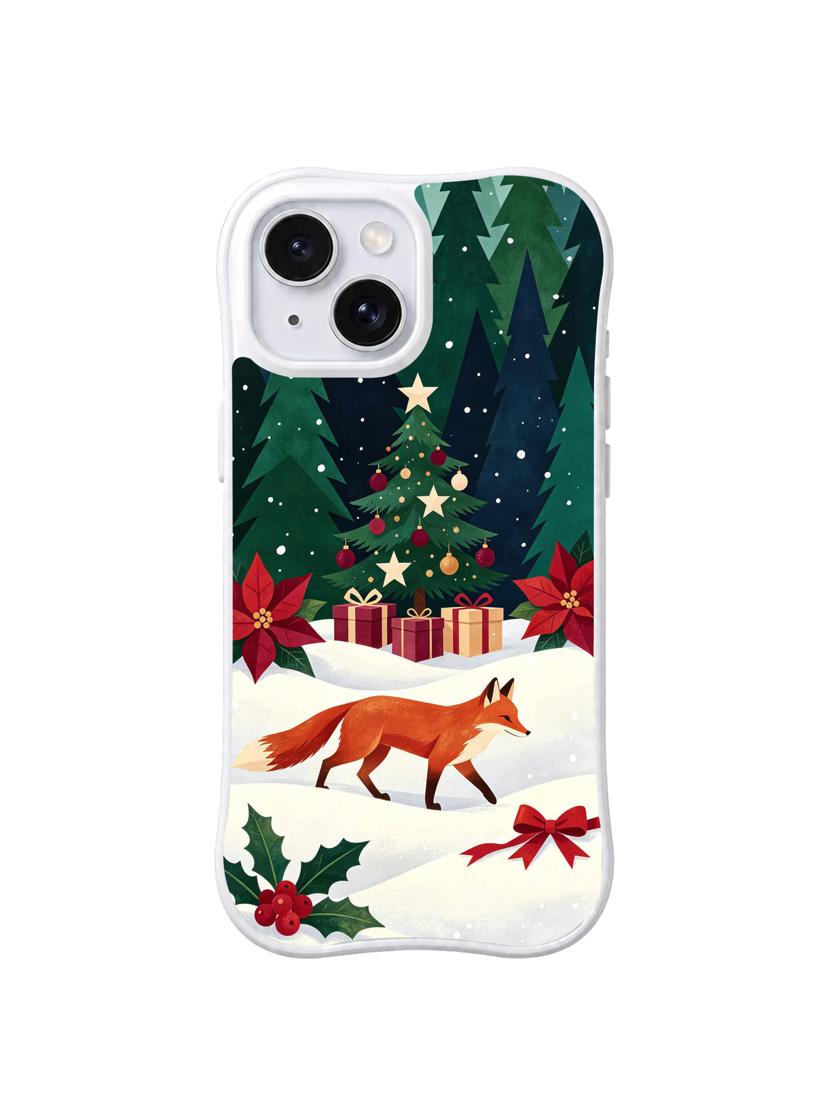 Evergreen Gift Clearing fox and holly artwork on an iPhone 14 case