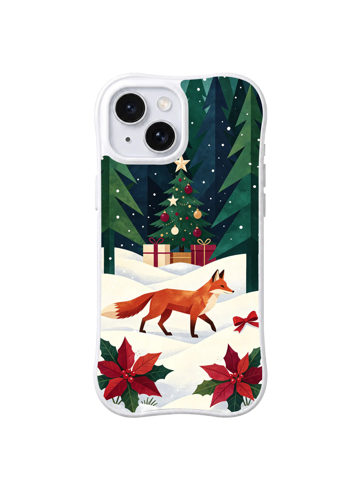 Poinsettia Fox Grove winter woodland artwork on an iPhone 14 case