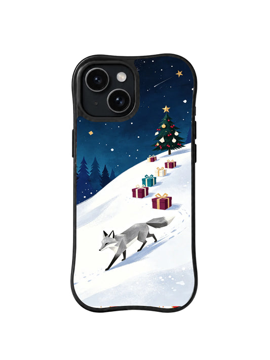 Silver-gray fox climbing a snowy Christmas gift hill iPhone 14 case, pattern one