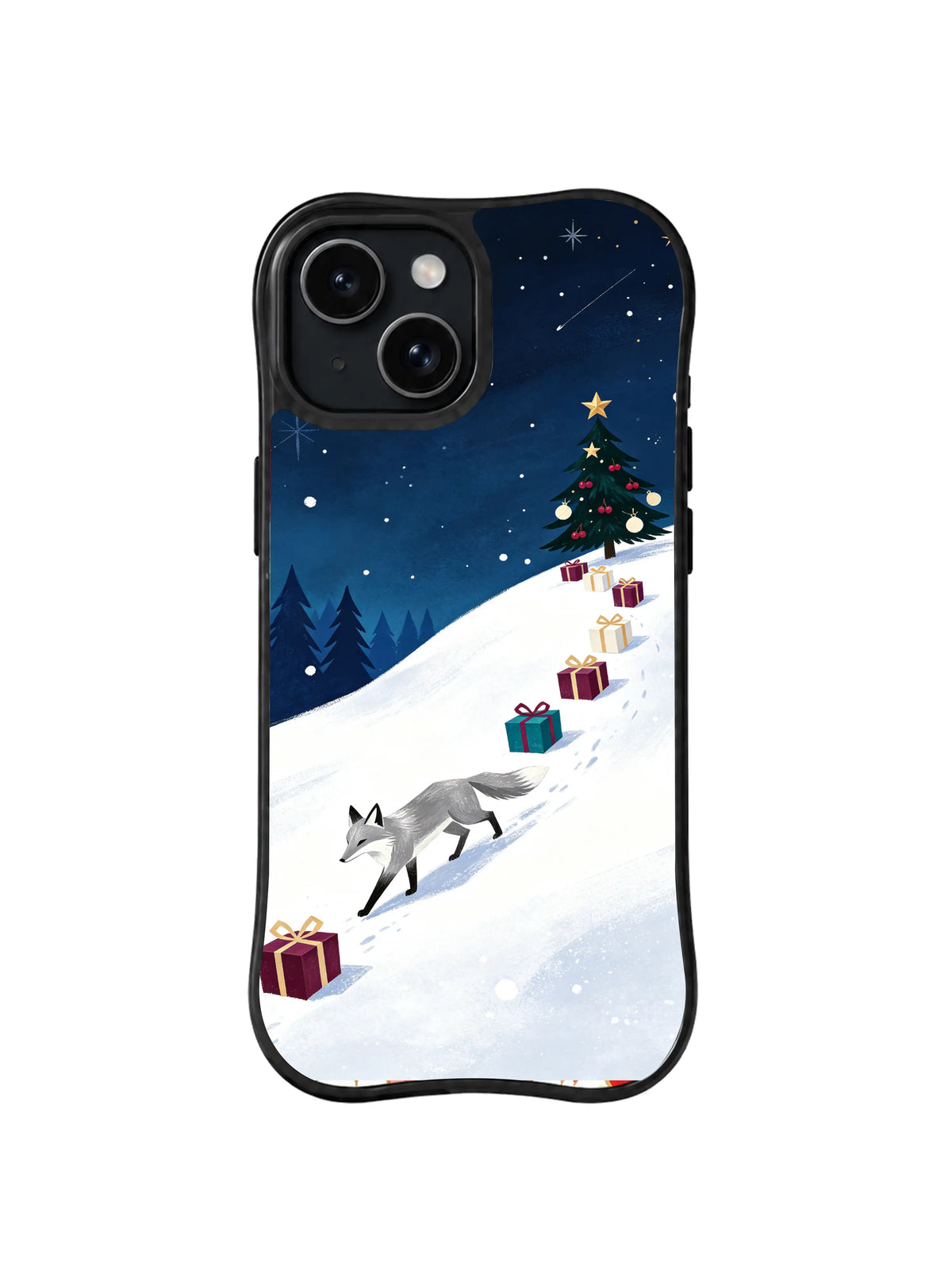 Silver fox, midnight stars and presents on a snow slope iPhone 14 case, pattern three
