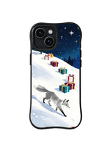 Christmas fox below teal and burgundy gifts on a snowy hill iPhone 14 case, pattern four