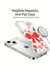 Christmas Gift Parade: A phone, separate illustrated case and round accessory in a product render.