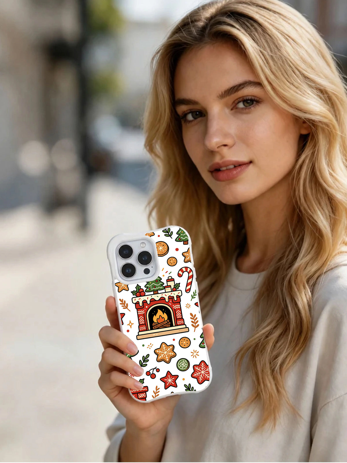 Lifestyle view of Christmas Hearth Garden iPhone 13 Pro case