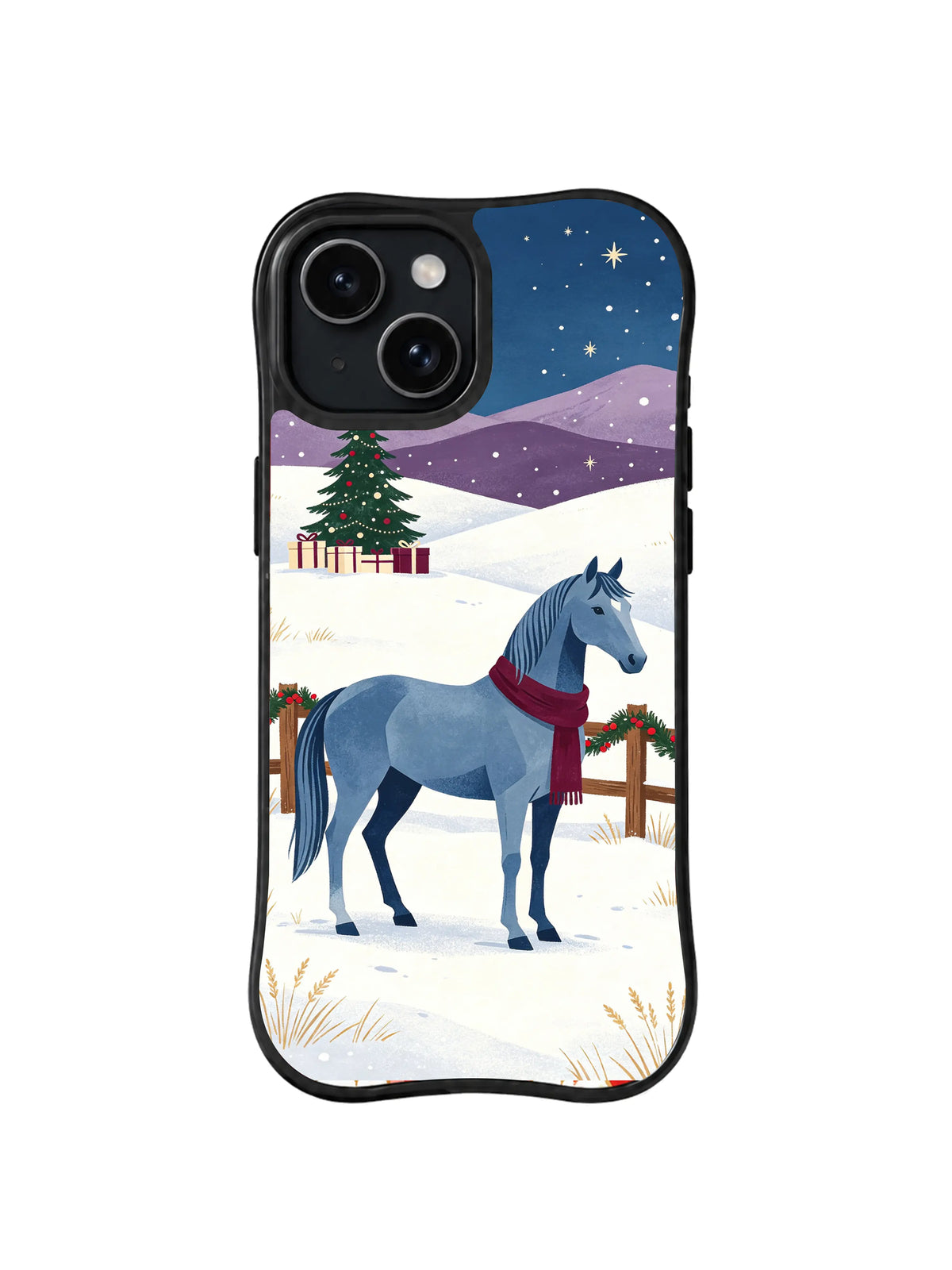 Blue-gray Christmas horse on snowy northern hills iPhone 14 case, pattern one